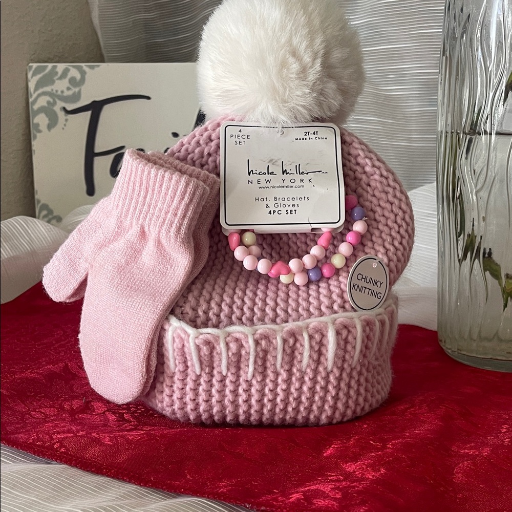 Nicole Miller Pink Knit Hat and Glove Set with Beads